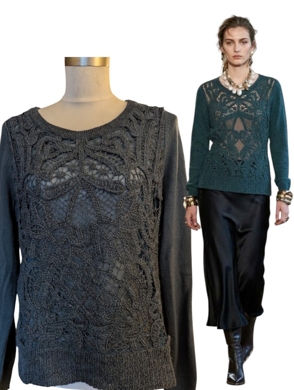 Dries Van Noten Style  Unique Crochet Wool Mixed Fabric  Style Sweater M